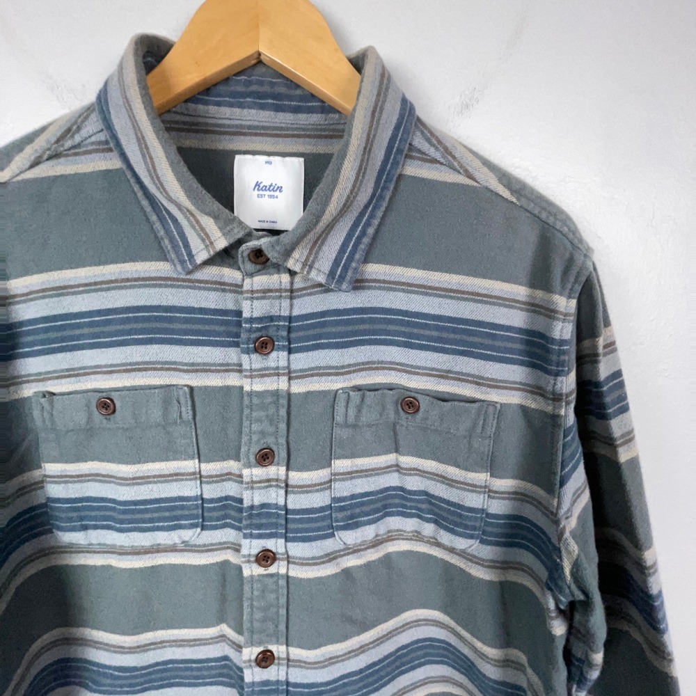 Katin Blanket Shirt Mens M Blue Striped Long Sleeve Cotton Flannel Button Front